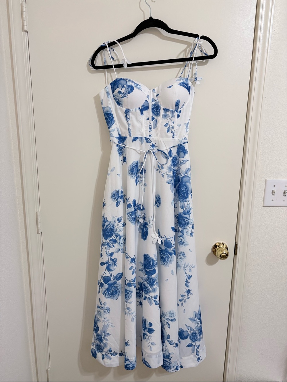 Strapless White Dress with Blue Floral Print and Tie Waist